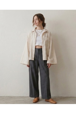 Smalltouch Kadın İspanyol Kol Keten Oversize İç Göstermeyen Kimono Gömlek Ekru