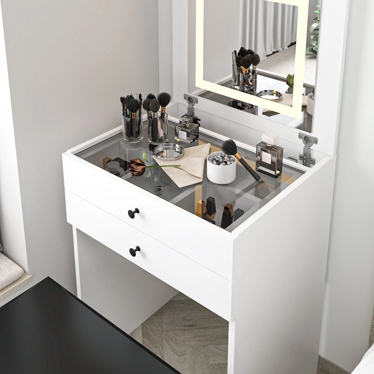 Luna Gizli Puflu Led Aynalı Makyaj Masası - Beyaz Beyaz