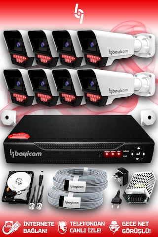 Bayicam 8 Kameralı Süper 8 Dış Kamera Set 1 TB 5 MP 2K Net Gece Görüşlü Güvenlik Kamerası Sistemi