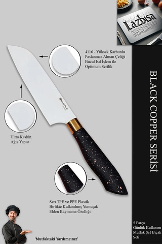 Black Copper Serisi Mutfak Bıçak Et Sebze 5 Li Şef Bıçağı Mft-568 Siyah