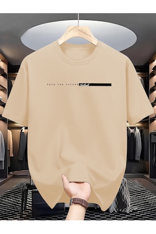 Unisex Face The Future Baskılı Oversize Tshirt Bej