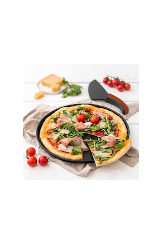 Yanmaz Yapışmaz Çelik 3 Lü Pizza Seti - 2 Adet 29 Cm Pizza Tepsisi Ve Kesici Spatula Dayanaklı Tava Siyah
