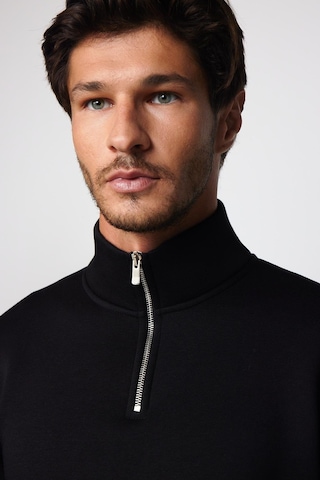 Tudors Unisex Relax Fit Rahat Kesim Pamuklu İçi Polarlı Yarım Fermuarlı Siyah Dik Yaka Sweatshirt-29035