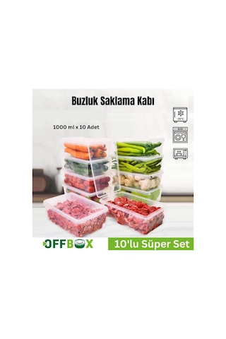 Offbox Buzluk Sebze Bakliyat Et Gıda Saklama Kabı - 1 Lt. - 10 Adet Şeffaf