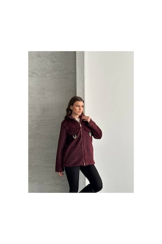 Asur Boutique Asur Butik Kadın Keçeli Kumaş Tokalı Fermuarlı Ceket Bordo
