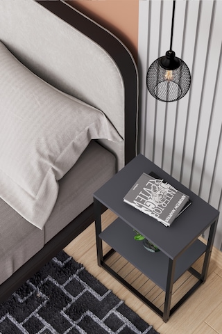 Metal Ayaklı Ve Ahşap Raflı Dekoratif Komodin Antrasit Gri Antrasit