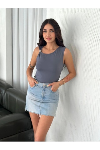 Wear Vexel Osy Modal Yumuşak Dokulu Bisiklet Yaka Kadın Sıfır Kol Bluz Omuz Toka Aksesuar - Antrasit Çok Renkli
