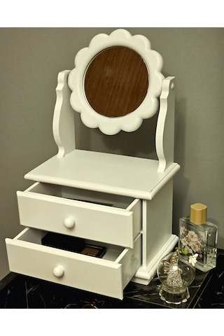 Çiçek Model Ahşap Hareketli Aynalı Beyaz Takı Makyaj Organizeri