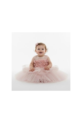 Babyhola 2-6 Yaş Kız Bebek Çocuk Çicek Detaylı Tül Abiye Elbise 3001 Pudra
