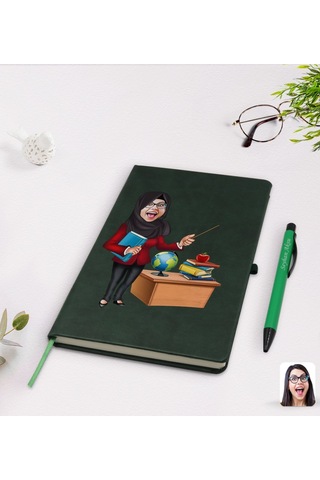 Kişiye Özel Tesettürlü Kadın Öğretmen Karikatürlü Yeşil Termo Der N11.1759