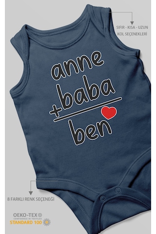 Anne Baba Ve Ben Baskılı Bebek Zıbını Çıtçıtlı Body %100 Pamuk Sıfır Kol Lacivert
