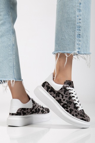 Erceka Günlük Kullanıma Uygun Kadın Spor Ayakkabı Sneaker Bağcıklı Beyaz Renge Siyah Leopar Siyah Leopar