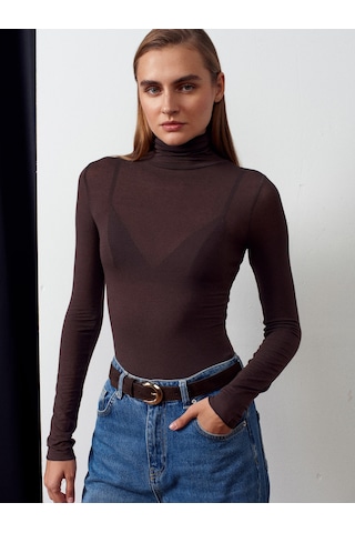 Dilvin 32277 Balıkçı Yaka Kaşmir Bluz-kahve Kahve