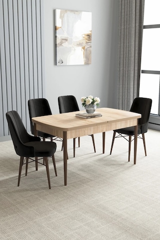Zümra Serisi, Meşe Desen 80x132 Açılabilir Mdf Mutfak Masası Takımı 4 Adet Sandalye, Siyah