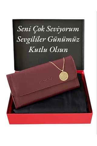 Carlino Hediye Seti Kadın Bordo Cüzdan Siyah Şal Ve Yaşam Çiçeği Koly Bordo
