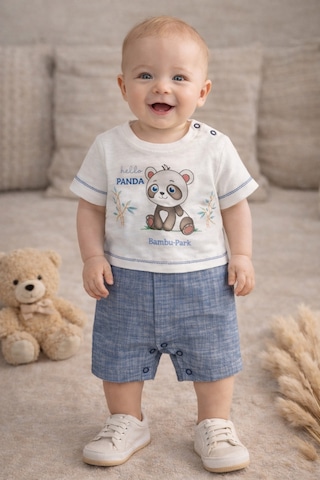 Uğur Bebe Bebessi Erkek Bebek Panda Baskılı Şambre Yazlık Tulum %100 Pamuk Şortlu Bebek Tulum Ekru Mavi Ekru Mavi
