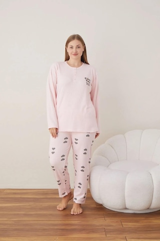 Boyraz Lindros Kadın Pamuklu Düğme Yaka Raporlu İnterlok Battal Pijama Takımı 05109 - 1 Adet Pembe