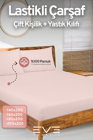 Eve Tekstil Pamuklu Çift Kişilik Rainforce Kumaş Lastikli Çarşaf Ve Yastık Kılıfı Set Pembe