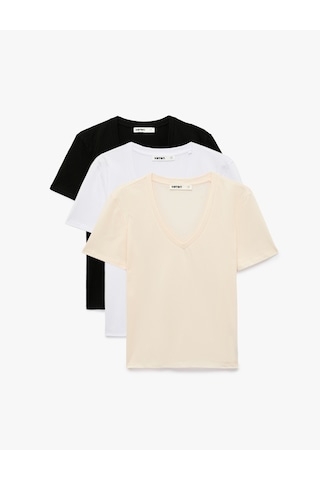Koton Pamuklu Regular Fit Çok Renkli Basic V Yaka Kısa Kollu 3 Lü Tişört Seti Multıcolor 6sak60018ek Mavi