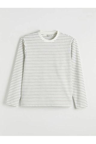 Lc Waikiki Ekru Bisiklet Yaka Çizgili Erkek Sweatshirt