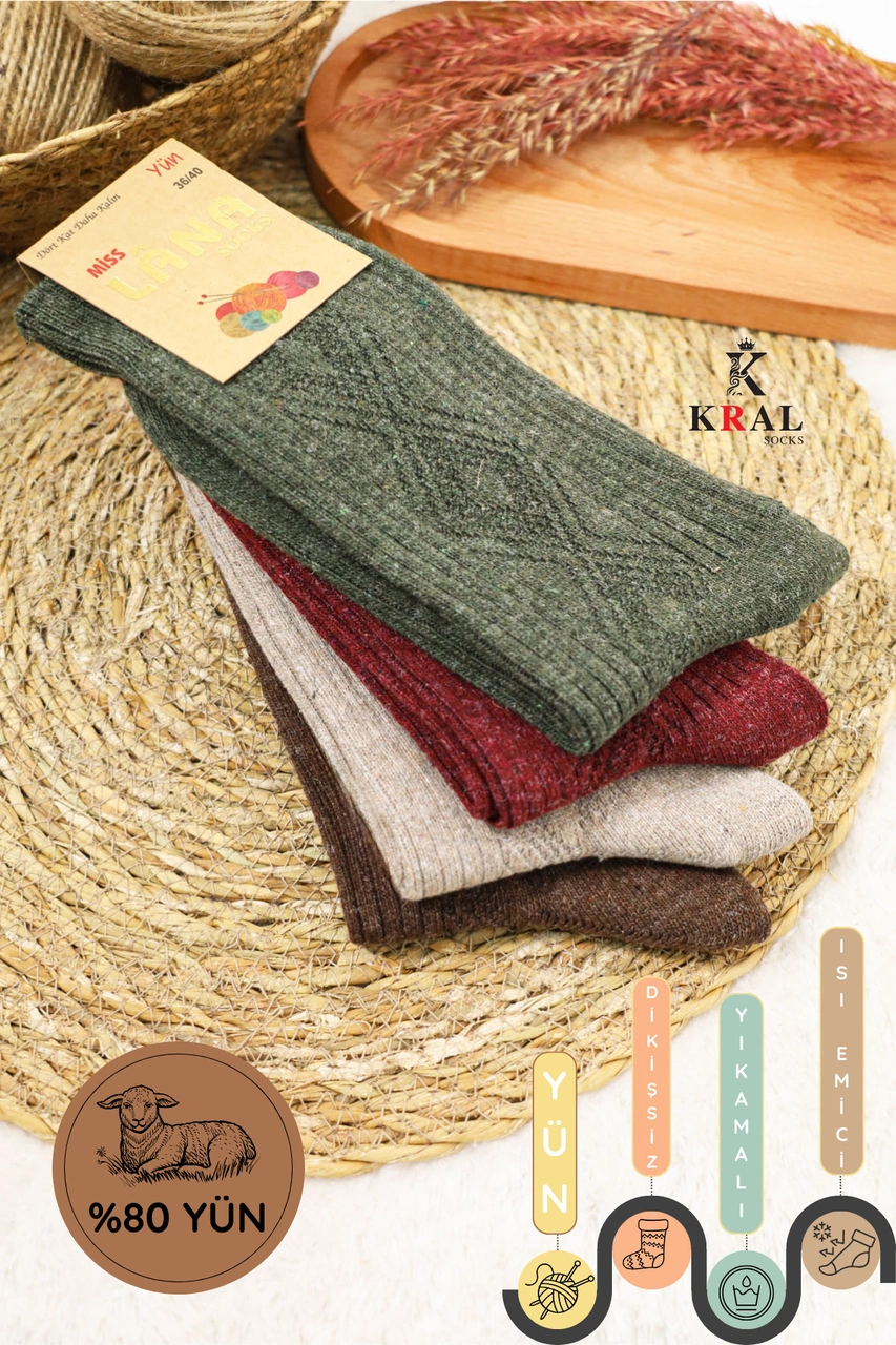 Miss Lana Ladies Socks Kışlık 4 Çift Lambswool Kadınlar Için Termal Kutulu Dikişsiz Yün Çorap ASORTİ