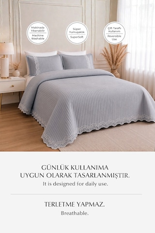 %100 Pamuk Çift Kişilik Yatak Örtüsü Seti Mihrimah Dantelli Pike Takımı 3 Parça Gri