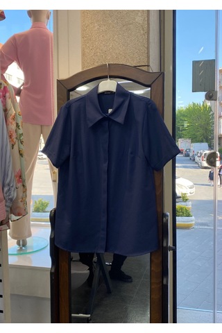 Pera Moda Poplin Kumaş Kısa Kollu Gizli Düğmeli Gömlek Lacivert