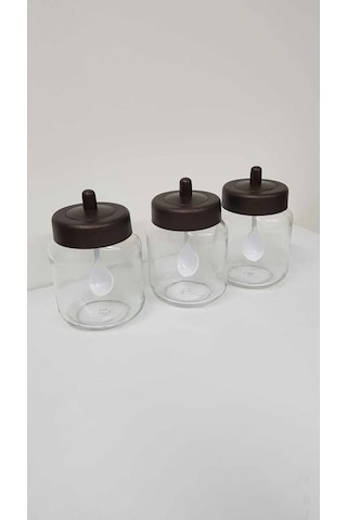 3 Adet Mat Kapaklı Kendinden Kaşıklı Baharatlık Seti - 330 Ml - Cam Kavanoz ŞEffaf