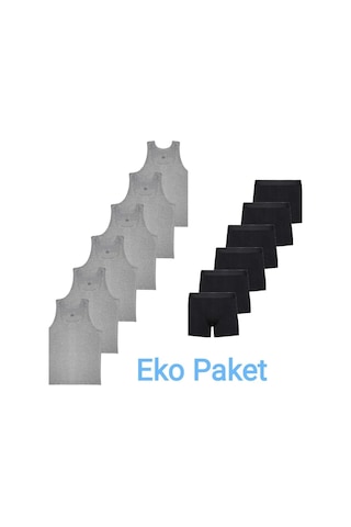 Erkek Çocuk İkili Set Pamuklu Penye 6 Atlet 6 Boxer Gri Siyah Gri - Siyah