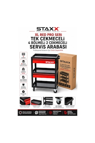Staxx Xl Red Pro Seri 2 Çekmeceli 4 Bölmeli Profesyonel Alet Servis Arabası Takım Tezgah Arabası
