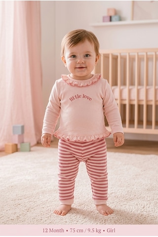Hafy Baby Little Love Serisi, Fırfırlı Yaka Ve Kalpli Pembe Kız Bebek Takımı Pembe - Beyaz