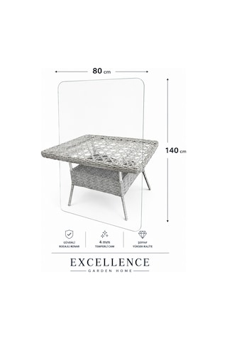 140x80 Cm Ratttan Masa Camı 4 Mm Temperli Şeffaf Bahçe Masa Camı Şeffaf