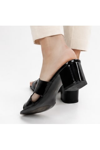 N Napa Shoe Np.9550.s.iyah Rugan Kadın Rugan Topuklu Terlik Kalın Topuklu, Kare Burun, Günlük Ve Şık Kullanım Siyah