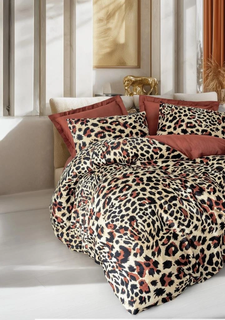 Cotton Box Çift Kişilik Saten Nevresim Takımı Leoparlı Leoluxe Kiremit Kiremit