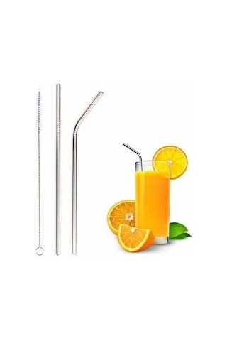 2 Adet Çelik Pipet Ve Temizleme Fırçası 3 Parça Çelik Pipet Seti Düz Pipet Eğik Pipet Ve Temizleme Fırçası 3'lü Set