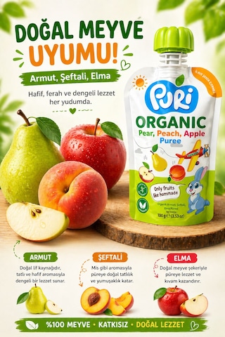 Organic %100 Organik Meyve Püresi Armut - Şeftali Elma 100 G İlave Şekersiz