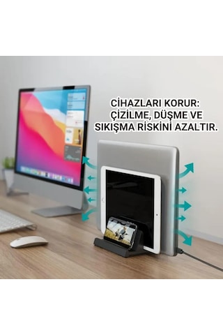 Coofbe 3 Bölmeli Metal Genişlik Ayarlamalı Masaüstü Dikey Apple Uyumlu MacBook Laptop Notebook Standı Telefon Tablet Standı Siyah