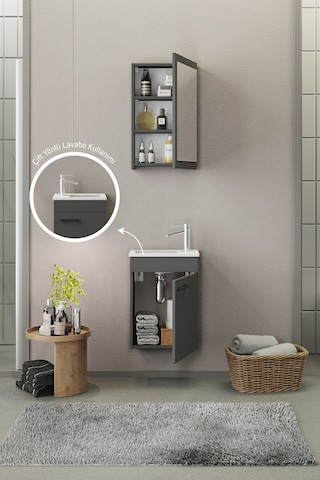 Biani Fix Loft Mini 42 Cm Banyo Dolabı,Seramik Lavabolu, Aynalı,Lavabo Dahil,Mdf,Mat Gri