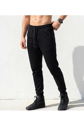 Plus Scorpion Erkek Slim Fit Eşofman Altı Pamuklu Kumaş, Fermuarlı Cepli, Rib Paça Siyah