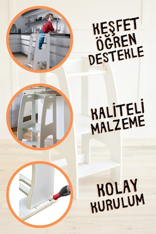 Ahşap Çocuk Öğrenme Kulesi Montessori Mutfak Aktivite Kulesi Beyaz