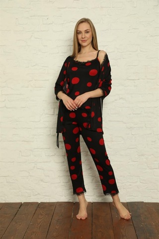 İbrahim Burak Etiler Collection Moda Çizgi Kadın 3'lü Sabahlık Pijama Takım 20594 Siyah