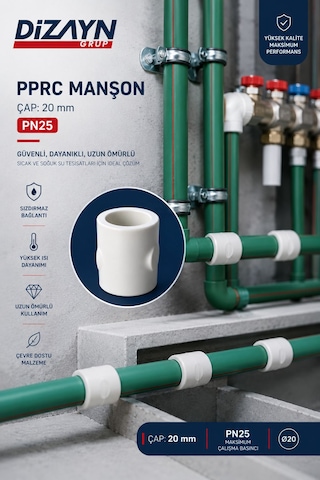 Dizayn Pprc Manşon 20 Mm 100 Adet Pn25 Temiz Su Tesisat Ek Parçası
