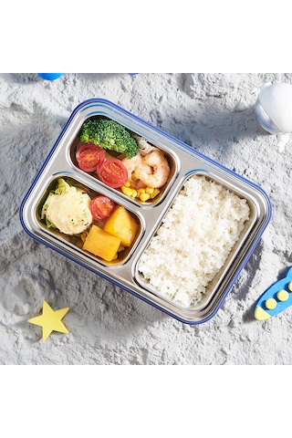Dekorasyaa Mavi Çocuk Beslenme Kabı - Bölmeli Lunchbox - Vakumlu - 3 Bölmeli Mavi
