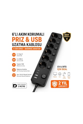 6'li Ayrı Anahtarlı Akım Korumalı Priz, 3680w 16a Çoklu Priz, 2 Usb-a + 2 Type-c, 2 Metre Kablolu, Topraklı, Ev Of Standart