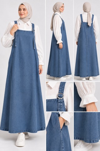 Bul-al Kadın Denim Jile Elbise Tokalı Askılı Uzun Jean Elbise Mavi