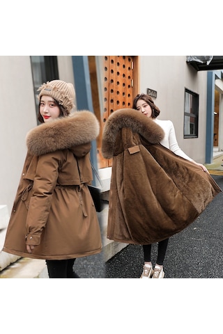Snapbuy Kalın, Yumuşak Dolgulu, Midi Boy, Kapüşonlu, Kürk Detaylı Kadın Mont Kahve