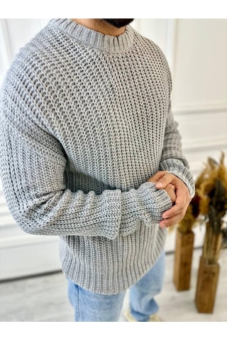 Elku Moda Kazak Oversize Çift Kat Zincir Örgü Naturel Pamuk Bol Kesim Tüylenmez Triko Kazak Gri