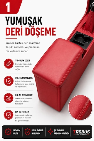 Trobus Tofaş Kartal Kargo 1998-2002 Tam Boy Orta Konsol Kol Dayama Bardaklıklı Deri Kırmızı