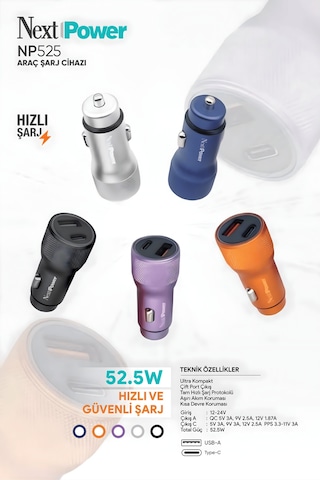 Next Power 52.5w Araç İçi Hızlı Şarj Aleti Type-c + Usb Güç Adaptörü Oto Çakmaklık - Mavi