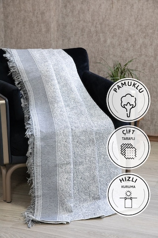 Merlin Pamuklu Saçaklı Koltuk - Çekyat Örtüsü 170x220 - Gri Gri